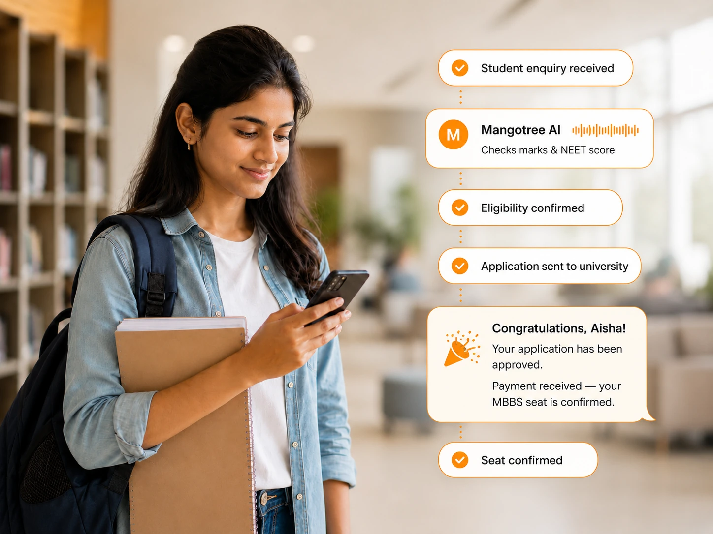 A student enquires about MBBS abroad and the AI counsellor checks eligibility, applies to colleges and confirms the seat