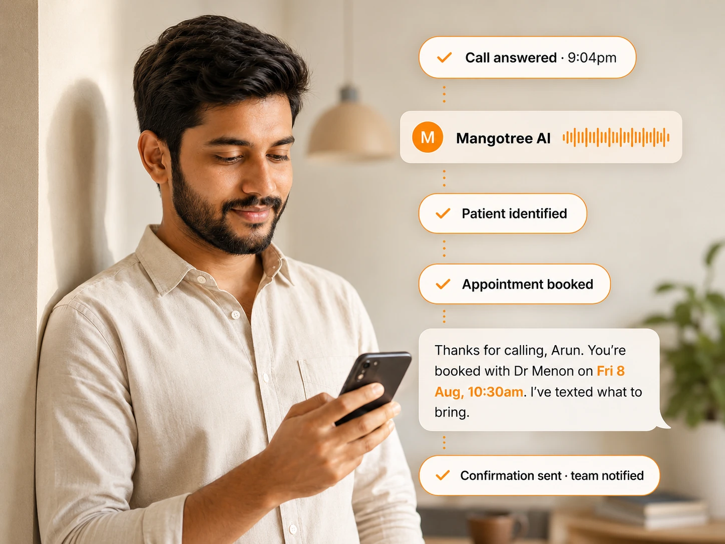 A patient calls a London clinic at 9pm and the AI receptionist answers, identifies them, books the appointment and confirms by text